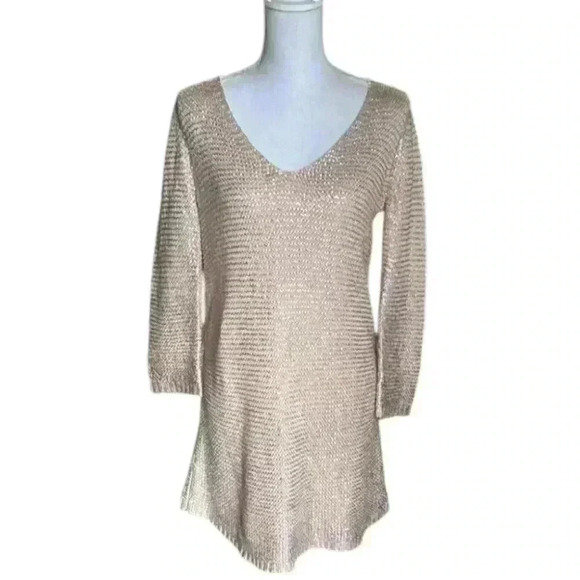 BCBG Max Azria Muiccia Foil Light Brown Gold Cable Knit V-Neck Sweater Dress M - Picture 2 of 5